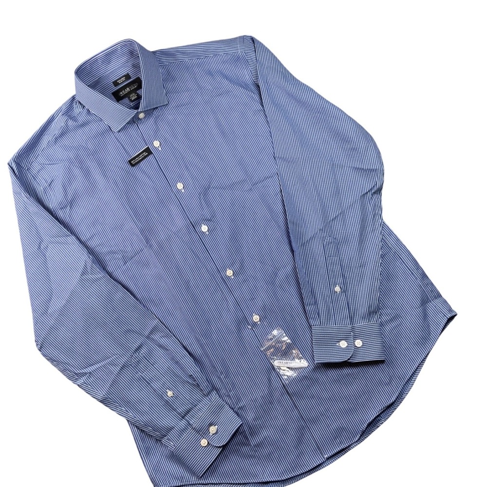 NEW Awearness Kenneth Cole Dress Shirt Mens 16.5 34/35 Blue Striped  Slim Fit